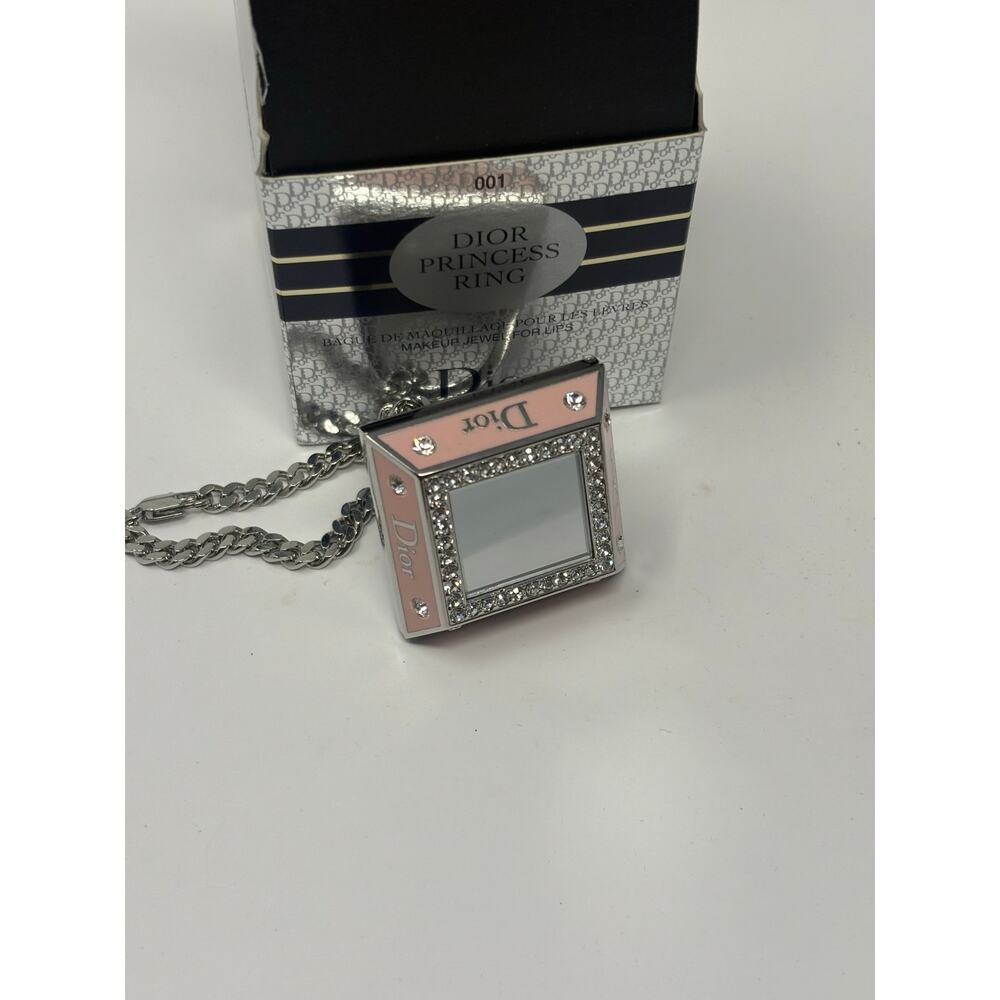 Rare Dior Princess Ring Pink Crystal Lip Gloss Compact Mirror Keychain w/ Box